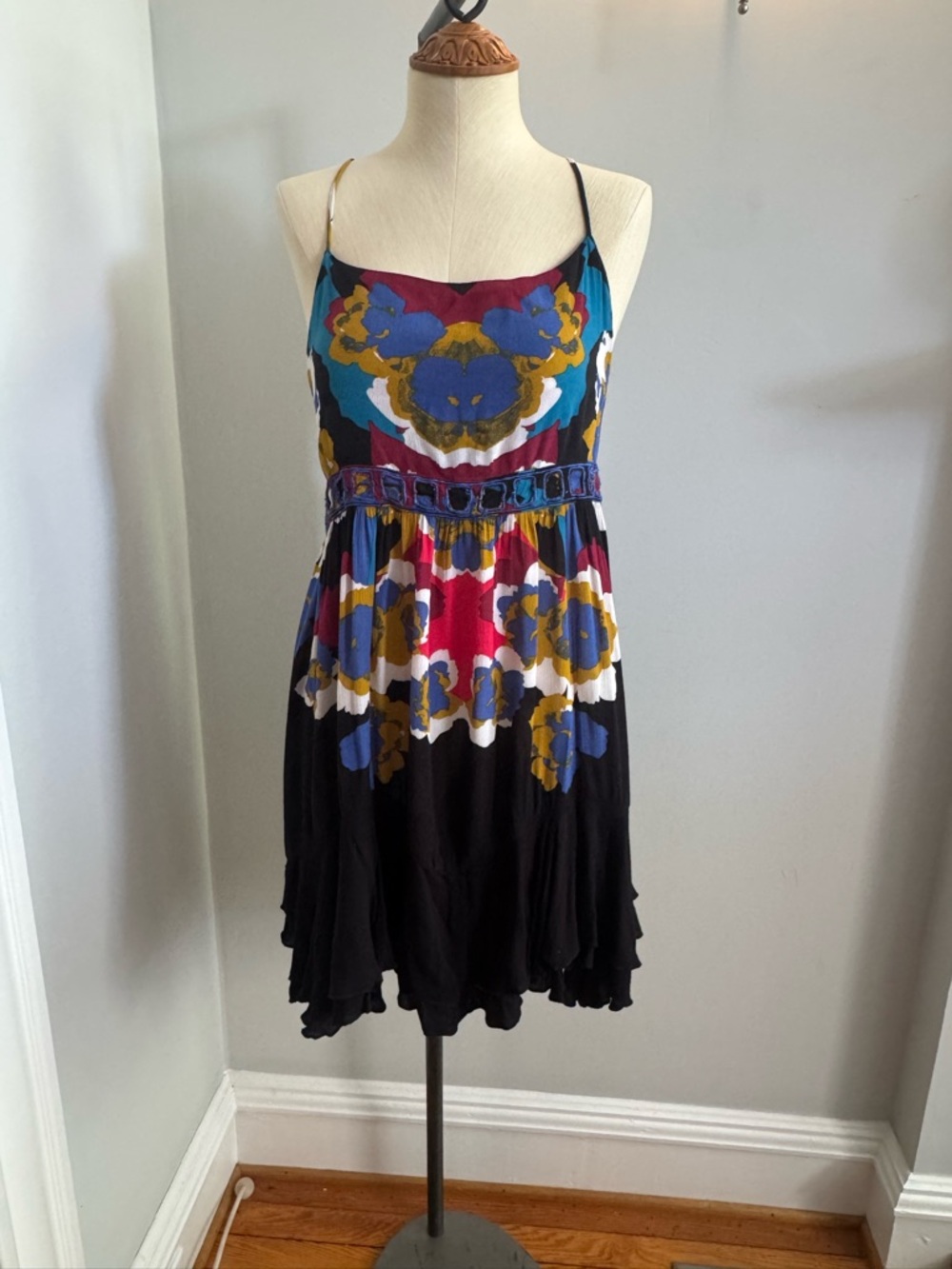 Free People Floral Spaghetti-Strap Mini Dress - Black/Blue/Gold/Red